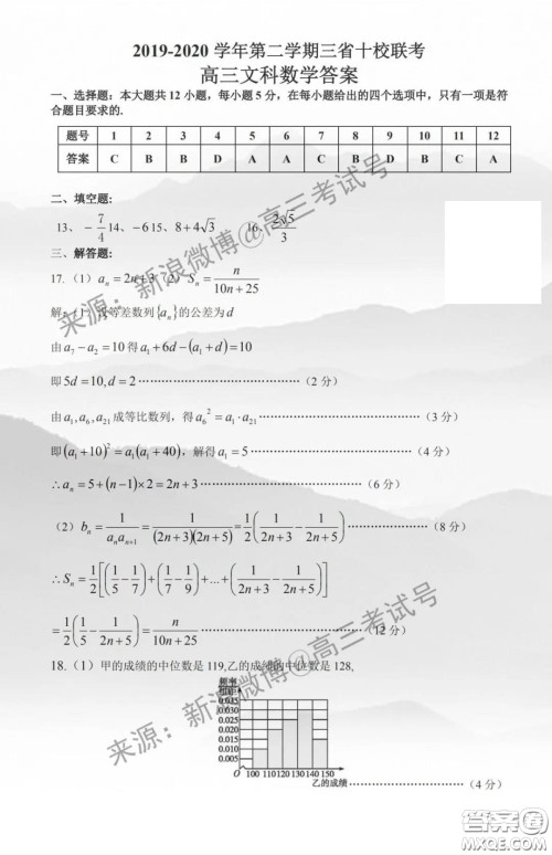 闽粤赣2020届高三下学期三省十二校联考文科数学试题及答案