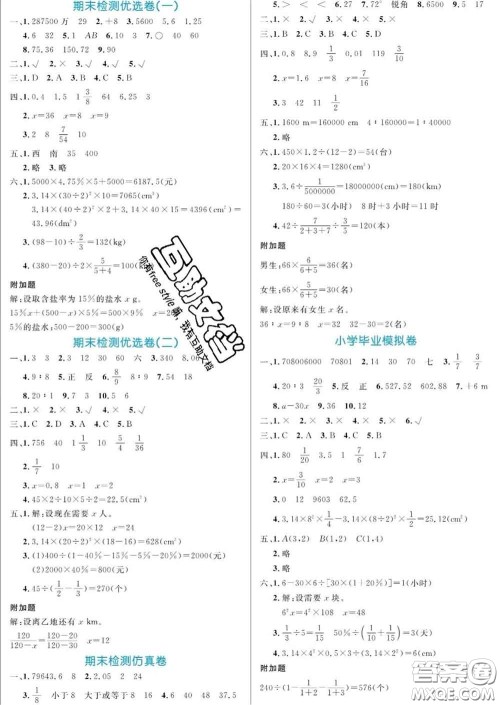 黑龙江教育出版社2020新版黄冈名卷六年级数学下册人教版答案