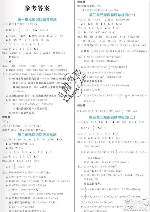 黑龙江教育出版社2020新版黄冈名卷六年级数学下册人教版答案