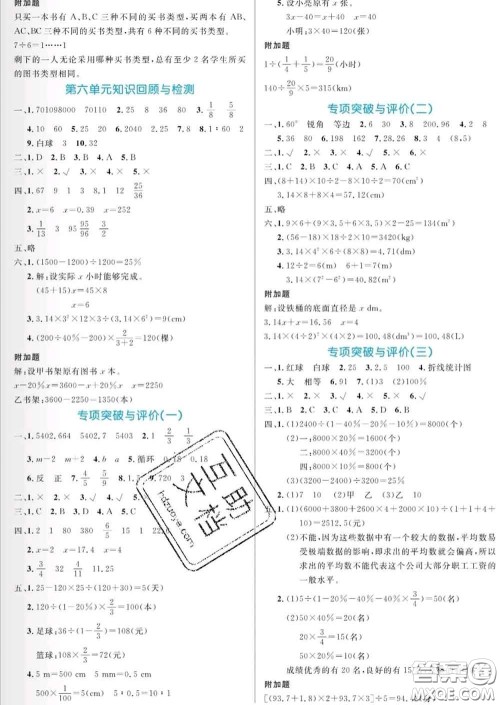 黑龙江教育出版社2020新版黄冈名卷六年级数学下册人教版答案