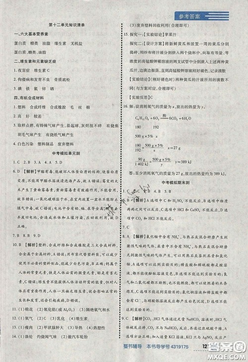 2020年中考123全程导练九年级化学下册人教版答案 2020年中考123全程导练九年级化学下册人教版答案