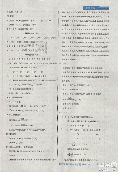 2020年中考123全程导练九年级化学下册人教版答案