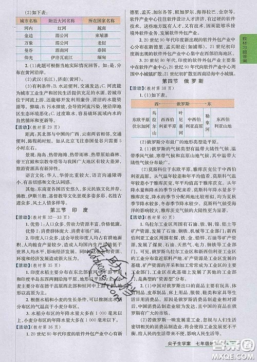 吉林人民出版社2020春尖子生学案七年级地理下册人教版答案 吉林人民出版社2020春尖子生学案七年级地理下册人教版答案