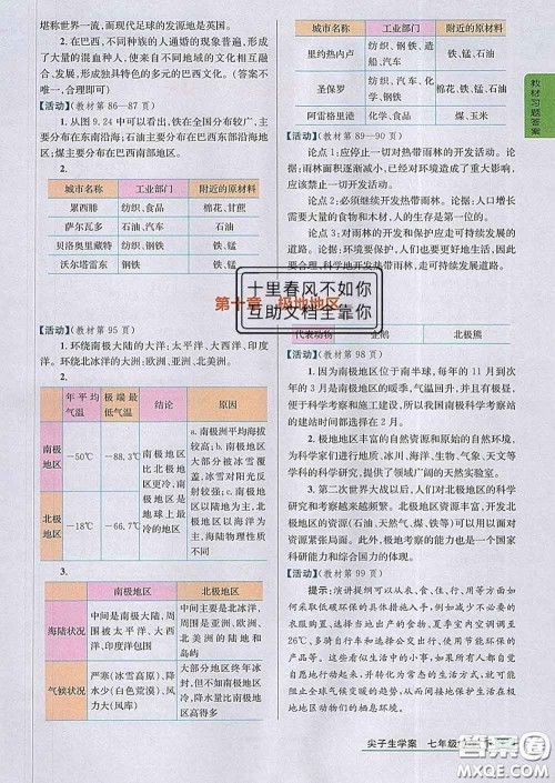 吉林人民出版社2020春尖子生学案七年级地理下册人教版答案