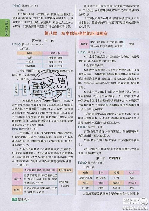 吉林人民出版社2020春尖子生学案七年级地理下册人教版答案