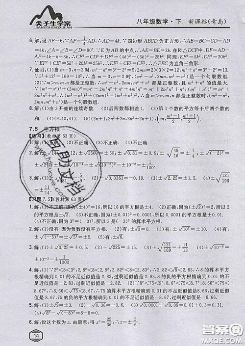 吉林人民出版社2020春尖子生学案八年级数学下册青岛版答案