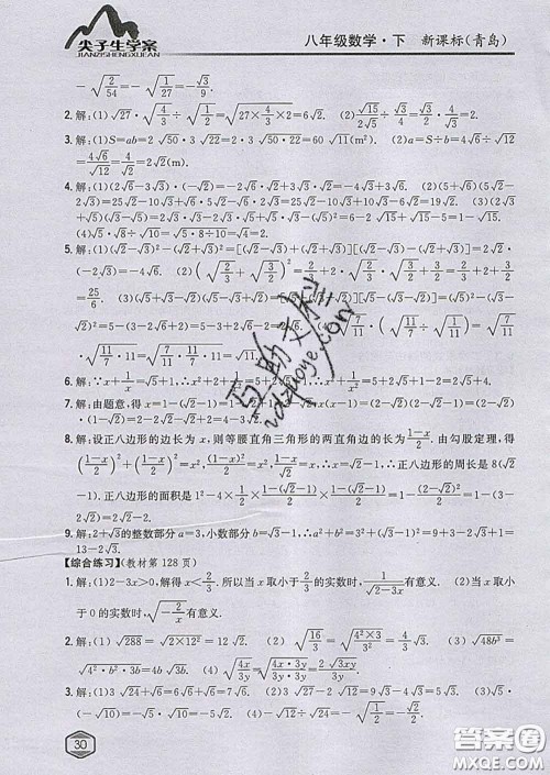 吉林人民出版社2020春尖子生学案八年级数学下册青岛版答案 吉林人民出版社2020春尖子生学案八年级数学下册青岛版答案