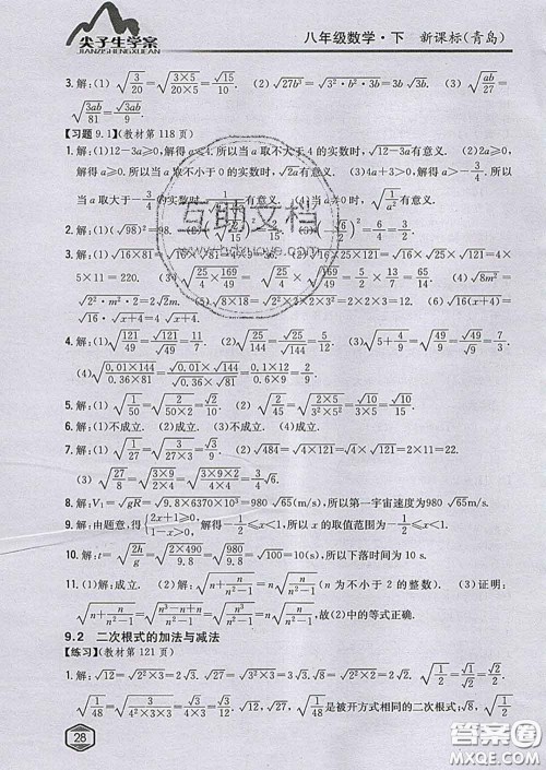 吉林人民出版社2020春尖子生学案八年级数学下册青岛版答案