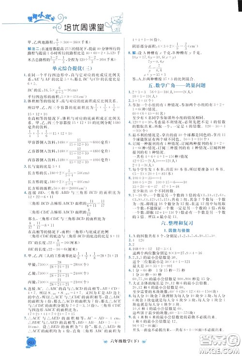 2020年黄冈小状元培优周课堂数学六年级下册参考答案