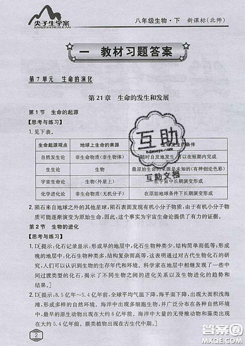 吉林人民出版社2020春尖子生学案八年级生物下册北师版答案