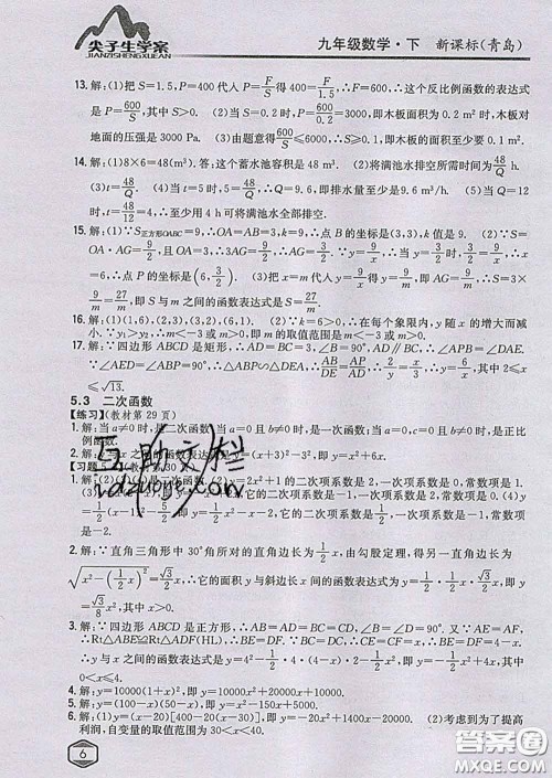 吉林人民出版社2020春尖子生学案九年级数学下册青岛版答案