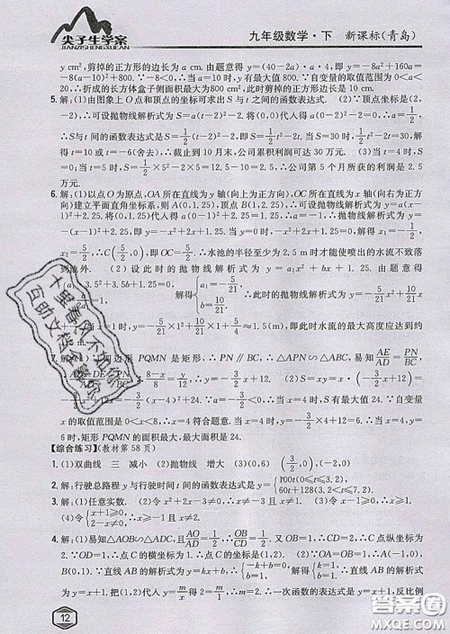 吉林人民出版社2020春尖子生学案九年级数学下册青岛版答案