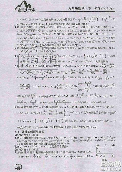 吉林人民出版社2020春尖子生学案九年级数学下册青岛版答案