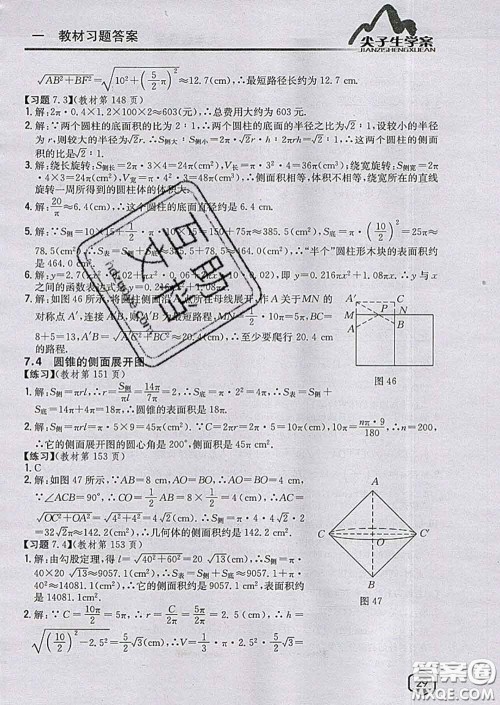 吉林人民出版社2020春尖子生学案九年级数学下册青岛版答案