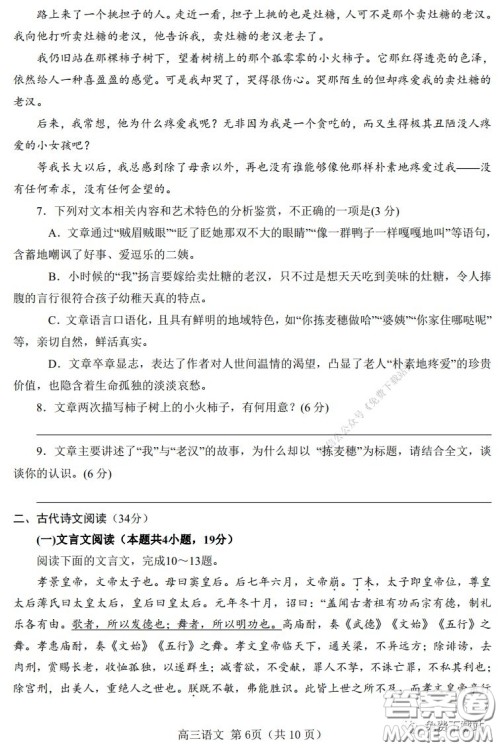 2020年驻马店市高三年级3月线上模拟测试语文试题及答案