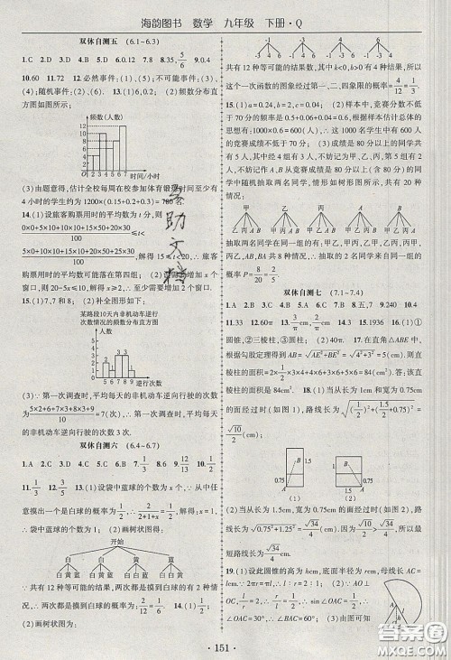 海韵图书2020年春随堂1+1导练九年级数学下册青岛版答案