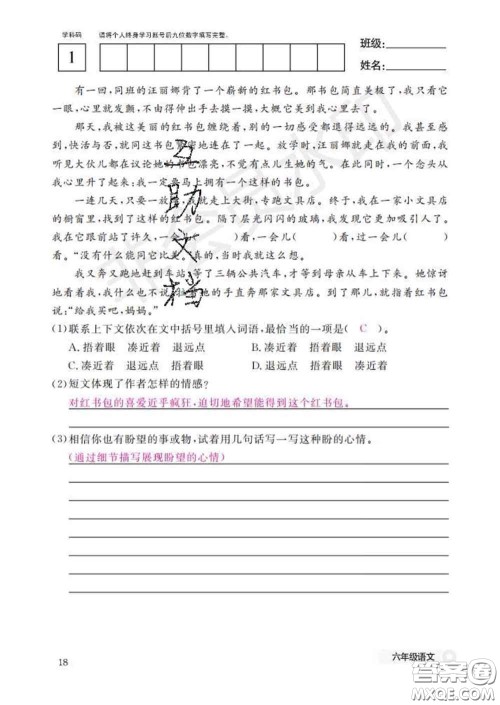 江西教育出版社2020新版语文作业本六年级下册人教版答案