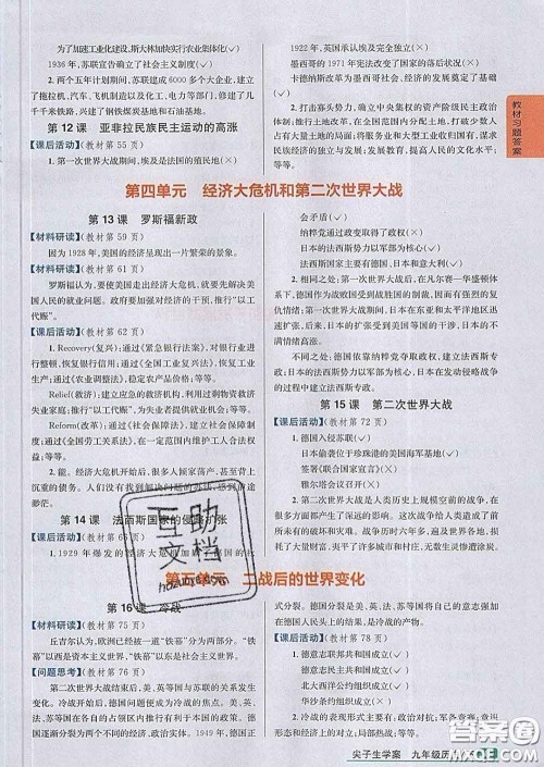 吉林人民出版社2020春尖子生学案九年级历史下册人教版答案 吉林人民出版社2020春尖子生学案九年级历史下册人教版答案
