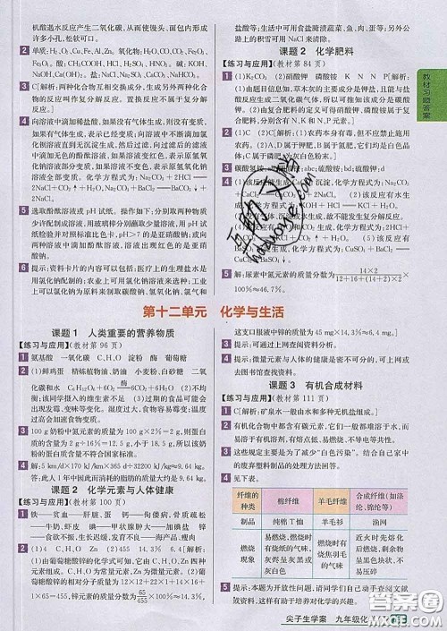 吉林人民出版社2020春尖子生学案九年级化学下册人教版答案