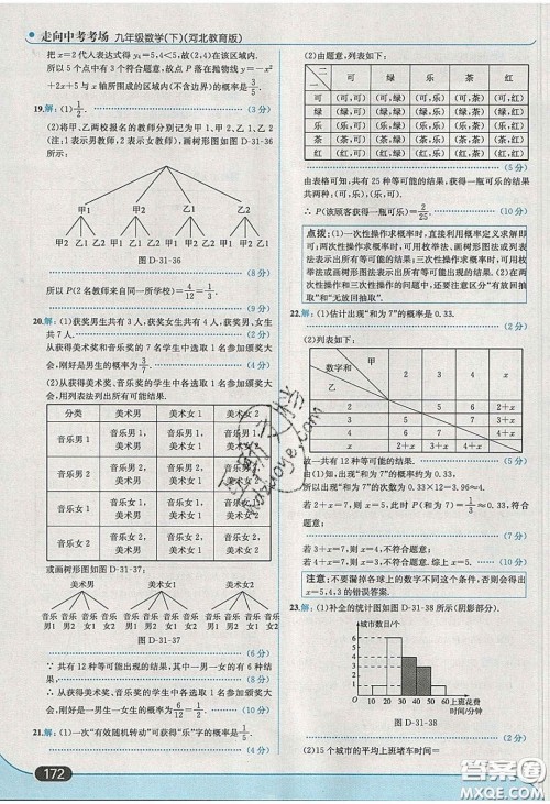 2020春走进中考考场九年级数学下册冀教版答案