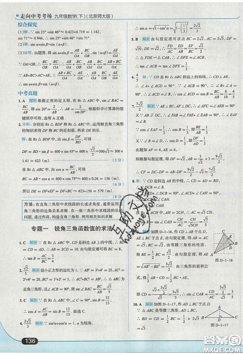 2020春走进中考考场九年级下册数学北师大版答案