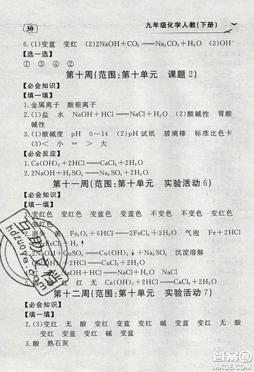 湖北科学技术出版社2020年351高效课堂导学案九年级化学下册人教版答案