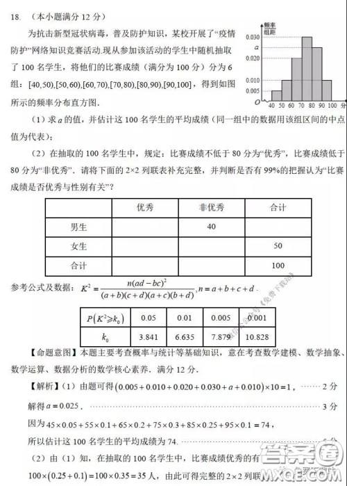 福州市2020届高三毕业班3月适应性练习卷理科数学试题及答案