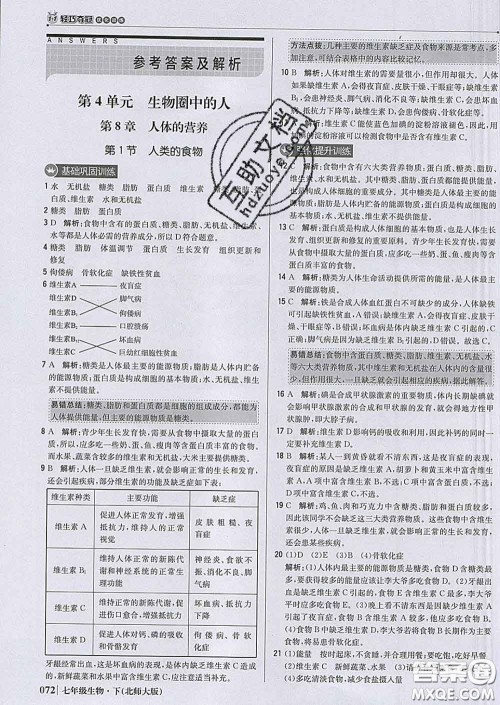 2020新版1加1轻巧夺冠优化训练七年级生物下册北师版答案