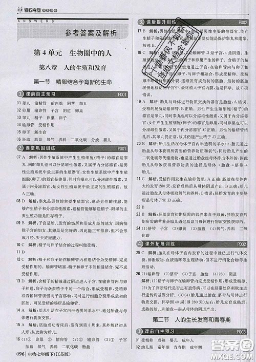 2020新版1加1轻巧夺冠优化训练七年级生物下册江苏版答案 2020新版1加1轻巧夺冠优化训练七年级生物下册江苏版答案