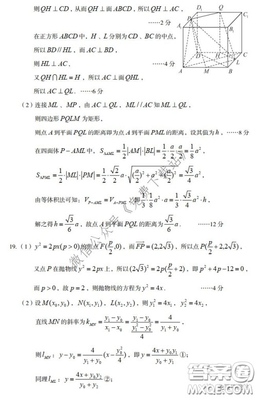 武汉市2020届3月高中毕业班学习质量检测理科数学试题及答案