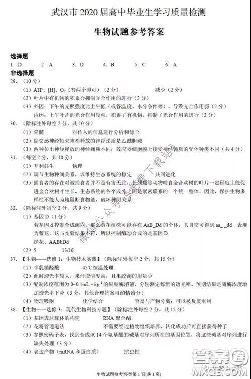武汉市2020届3月高中毕业班学习质量检测理科综合答案