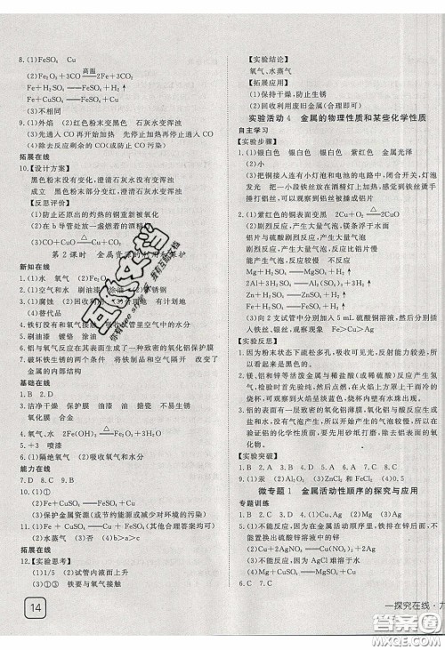 武汉出版社2020探究在线高效课堂九年级化学下册人教版答案