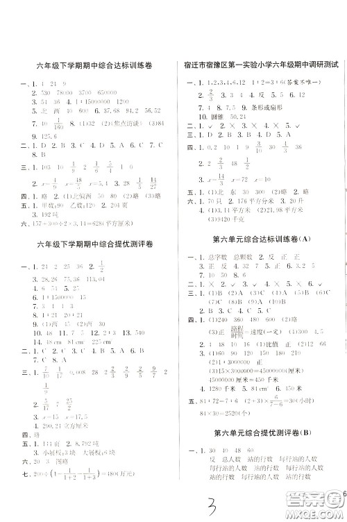 2020年实验班提优大考卷数学六年级下册JSJY江苏教育版参考答案 2020年实验班提优大考卷数学六年级下册JSJY江苏教育版参考答案