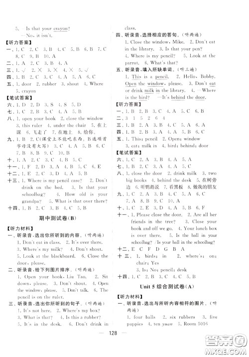 2020年学霸提优大试卷单元月考英语三年级下册江苏专用参考答案