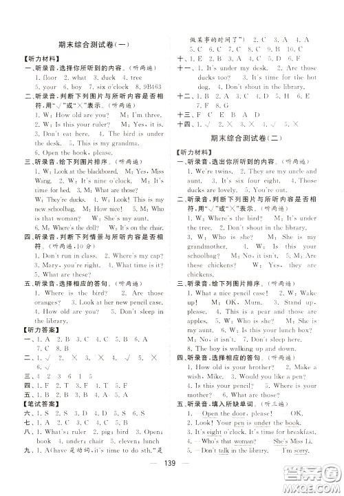 2020年学霸提优大试卷单元月考英语三年级下册江苏专用参考答案