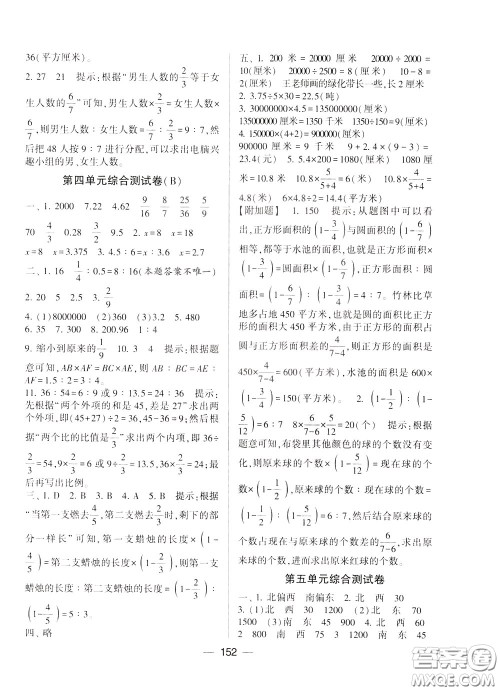 2020年学霸提优大试卷数学六年级下册江苏国标参考答案