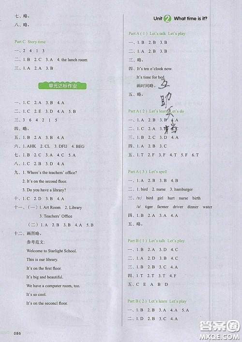 2020新版一本我爱写作业小学英语四年级下册人教版答案