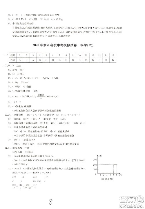 2020年浙江名校中考模拟试卷科学参考答案