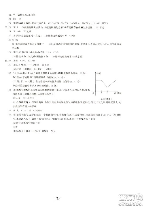 2020年浙江名校中考模拟试卷科学参考答案