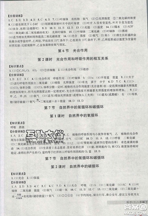 2020年习题e百课时训练八年级科学下册浙教版答案