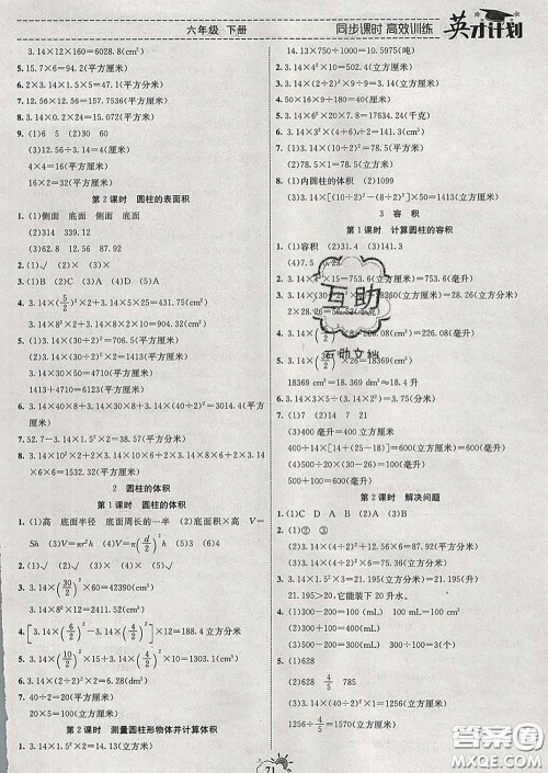 2020年英才计划同步课时高效训练六年级数学下册冀教版答案