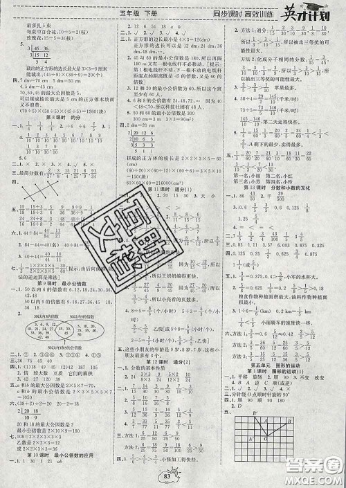 2020年英才计划同步课时高效训练五年级数学下册人教版答案