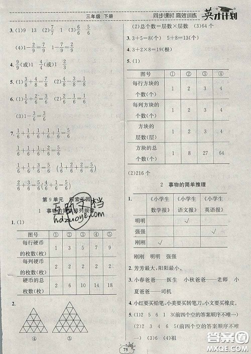 2020年英才计划同步课时高效训练三年级数学下册冀教版答案