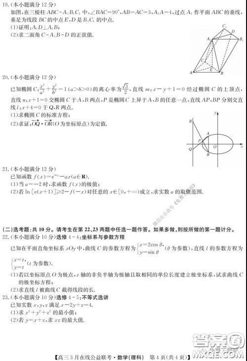 2020年九师联盟3月在线公益联考理科数学试题及答案 2020年九师联盟3月在线公益联考理科数学试题及答案