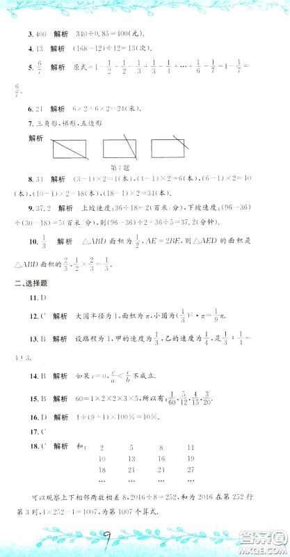 孟建平系列丛书2020年小升初名校初一新生分班摸底考试卷数学参考答案