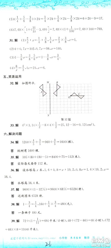 孟建平系列丛书2020年小升初名校初一新生分班摸底考试卷数学参考答案