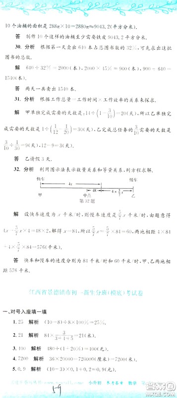 孟建平系列丛书2020年小升初名校初一新生分班摸底考试卷数学参考答案