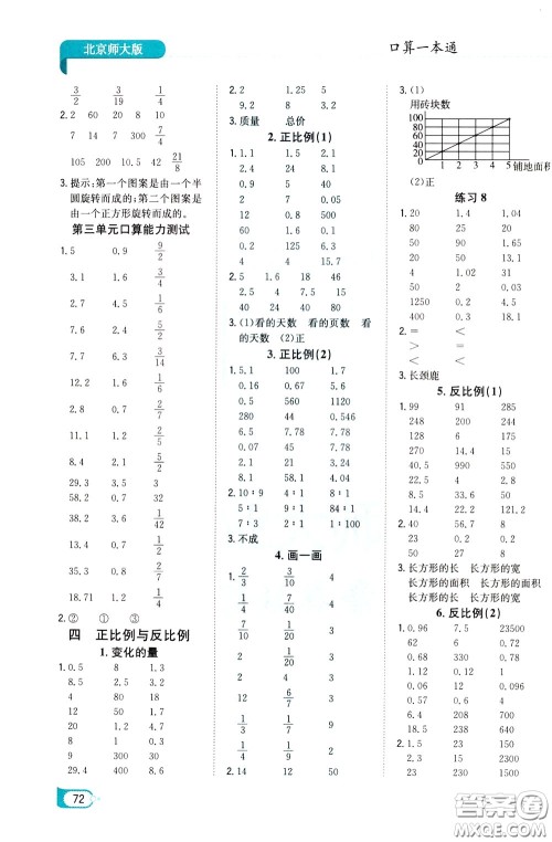 陕西人民教育出版社2020年口算一本通六年级下册数学北京师大版参考答案