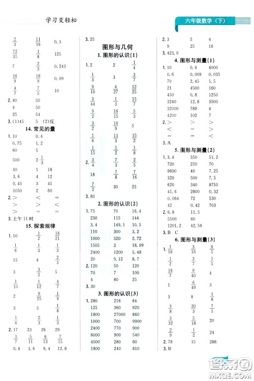 陕西人民教育出版社2020年口算一本通六年级下册数学北京师大版参考答案