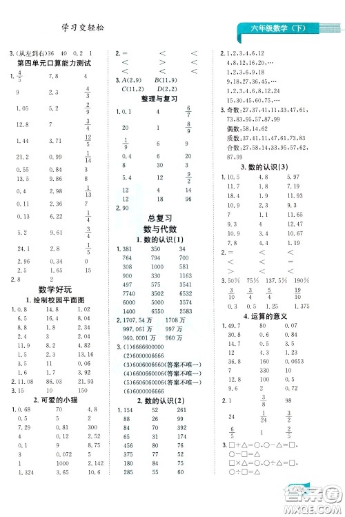 陕西人民教育出版社2020年口算一本通六年级下册数学北京师大版参考答案